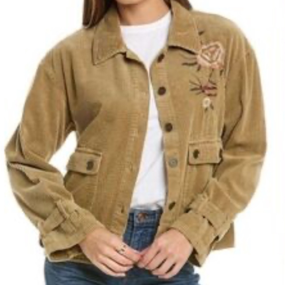 XCVI Elki Relaxed Corduroy Floral Embroidery Olive Jacket Women's Size Large NEW